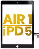 Touchscreen digitizer negro premium para iPad Air 1 (A1474, A1475, A1476) o iPad 5 (A1822, A1823) con botón Home preinstalado, listo para reparación de pantalla.