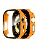 Funda bumper naranja Hard PC para Apple Watch 49mm con protector de pantalla de vidrio templado.