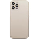 Tapa trasera dorada usada para iPhone 12 Pro Max (A2342, A2410) con puerto de carga y pequeñas piezas.