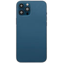 Tapa trasera azul pacífico usada para iPhone 12 Pro Max (A2342) con puerto de carga y componentes internos.