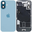 Tapa trasera iPhone 16 Service Pack teal con placa acero, MagSafe, NFC y flex de linterna para reparación.