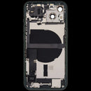 Tapa trasera usada iPhone 13 (A2633) con puerto de carga y pequeñas piezas, perfecta para reparación.