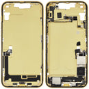 Chasis medio amarillo usado para iPhone 14 Plus (A2632) con puerto de carga y piezas pequeñas, listo para reparación.