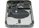 Tapa trasera usada iPhone 14 Pro Space Black A2659 con pequeñas piezas para reparación.