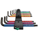Set de 9 llaves Allen hexagonales métricas Wera Hex-Plus multicolores, con soporte para fácil organización.