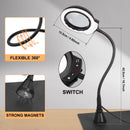Lámpara LED de aumento 5X con brazo articulado y base de pinza para soldadura y trabajos de precisión.