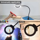 Lámpara LED de aumento 5X con brazo articulado y base de pinza para soldadura y trabajos de precisión.