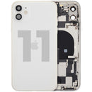 Tapa trasera blanca usada OEM Grade C para iPhone 11 (A2111), con puerto de carga y piezas pequeñas.