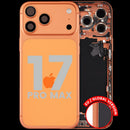 Tapa trasera usada Cosmic Orange para iPhone 17 Pro Max con puerto de carga y pequeñas piezas.