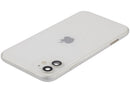 Tapa trasera blanca usada OEM Grade C para iPhone 11 (A2111), con puerto de carga y piezas pequeñas.