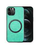 Funda de cuero teal para iPhone 12 Pro Max, compatible con carga inalámbrica, protección completa y estilo.