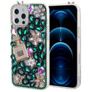 Funda de silicona verde para iPhone 13 Pro Max con diseño de flor de cristal y perfume.