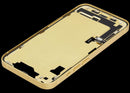 Tapa trasera amarilla OEM usada para iPhone 14 (A2649, A2881) con puerto de carga y marco medio.