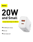 Cargador rápido compacto Baseus blanco luna, 20W, con puertos USB-A y USB-C, incluye cable USB-C a Lightning de 3 pies.