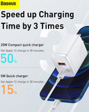 Cargador rápido compacto Baseus blanco luna, 20W, con puertos USB-A y USB-C, incluye cable USB-C a Lightning de 3 pies.