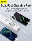 Cargador rápido compacto Baseus blanco luna, 20W, con puertos USB-A y USB-C, incluye cable USB-C a Lightning de 3 pies.