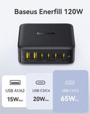 Estación de carga de escritorio Baseus EnerFill FH21 120W con 4 puertos USB C y 2 USB A, color gris.