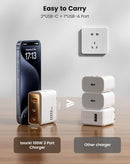 Cargador Toocki GaN blanco de 100W con 2 puertos USB-C y 1 USB-A, ideal para carga rápida de múltiples dispositivos.