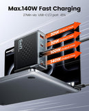 Cargador GaN Toocki de 140W con 4 puertos (USB-A, 3x USB-C) y cable USB-C de 240W.