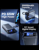 Power bank Toocki Energy Cube 20000 mAh, 65W, con cable integrado y pantalla LCD.