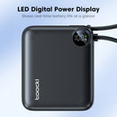 Batería externa Toocki de 10000 mAh con cable integrado, indicador LCD y carga rápida de 22.5W.