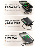 Power bank Toocki magnético inalámbrico de 10000 mAh, con cable USB-C y Lightning incorporado, color negro mate.