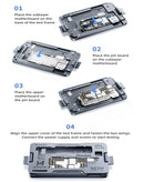 Marco de prueba QianLi iSocket 4 en 1 para placa madre de iPhone 16E, con capas de componentes visibles.