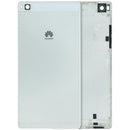 Tapa trasera original Huawei P8 plateada, repuesto para reparación, con detalles de cámara y logo.