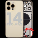 Tapa trasera dorada usada para iPhone 14 Pro Max con puerto de carga flex y pequeñas piezas.