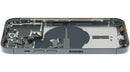 Tapa trasera usada iPhone 14 Pro Space Black A2659 con pequeñas piezas para reparación.