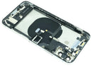 Tapa trasera plateada para iPhone XS con puerto de carga y componentes preinstalados, compatible con modelos A1920 y A2097.