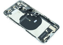 Tapa trasera usada plateada para iPhone XS (A1920, A2097) con puerto de carga y componentes preinstalados.