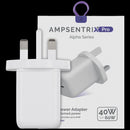 Adaptador de corriente AmpSentrix 40W USB-C, blanco, con enchufe UK de 220V, para carga rápida.