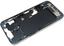 Tapa trasera usada iPhone 14 Midnight con puerto de carga, chasis y medio frame para reparación.