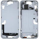 Marco medio iPhone 15 Plus azul usado, chasis A2847 con pequeñas piezas para reparación.