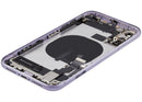 Tapa trasera púrpura usada para iPhone 11 (A2111) con puerto de carga flex y pequeñas piezas, ideal para reparación.