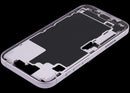 Mid-frame housing lavanda para iPhone 17 con puerto de carga y piezas pequeñas, repuesto OEM usado.