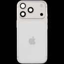 Tapa trasera plateada usada para iPhone 17 Pro, con puerto de carga flex y pequeñas piezas, ideal para reparación.