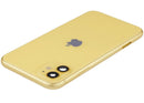 Tapa trasera amarilla usada OEM Grade B para iPhone 11 con puerto de carga y piezas pequeñas.