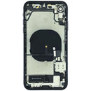 Tapa trasera negra OEM Grado A para iPhone XR (A1984, A2105) con puerto de carga y componentes preinstalados.