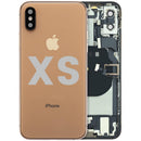 Tapa trasera dorada usada para iPhone XS (modelos A1920, A2097, A2100) con puerto de carga y cable flex preinstalado.