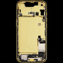 Tapa trasera amarilla OEM usada para iPhone 14 (A2649, A2881) con puerto de carga y marco medio.