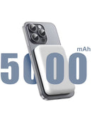 Batería portátil blanca POMGEAR MagPower PD+ de 5000mAh, carga inalámbrica y rápida.