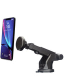 Soporte magnético telescópico POMGEAR negro y plateado para teléfono, ajustable y extensible, con base adhesiva.