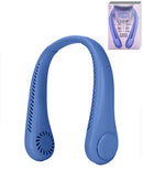 Ventilador de cuello portátil POMGEAR azul marino, sin aspas, diseño ergonómico para uso manos libres.