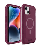 Funda protectora heavy-duty MagSafe xBase Boulder magenta para iPhone 15, resistente con logo.
