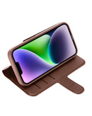 Funda cartera xBase Folio Exec marrón para iPhone 15, con ranuras para tarjetas y cierre magnético.
