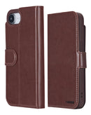 Funda cartera de cuero xBase marrón para iPhone 16e/17e, con ranuras para tarjetas y cierre magnético.