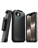 Funda protectora xBase Boulder negra robusta con MagSafe y clip de cinturón para iPhone 16e/17e.