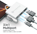 Adaptador USB-C PowerPeak 3 en 1, con puertos HDMI, USB 3.0 y carga PD, en color gris.